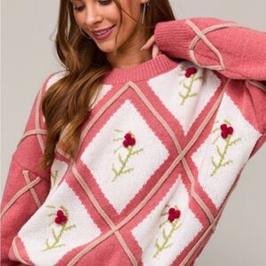 Le Lis Pink and White Geometric Floral Sweater
